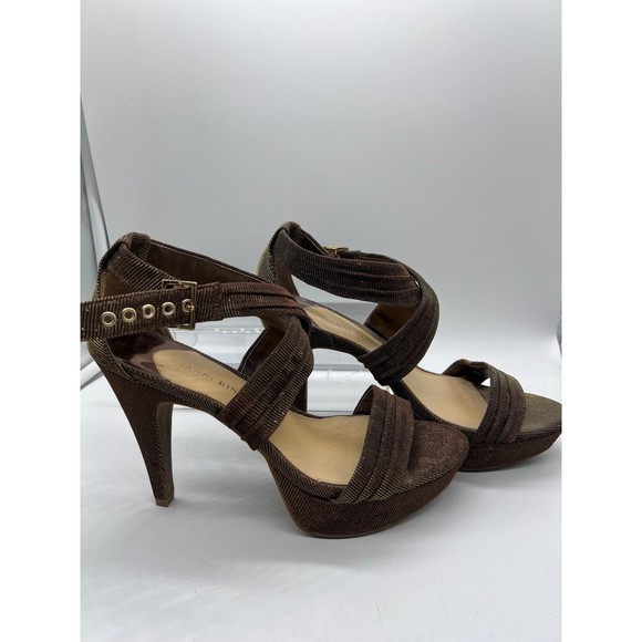 9 Gianni Bini GOLD Glittery Strap Sandal 4” High Heel Open Toe Platform Sling - Picture 1 of 5